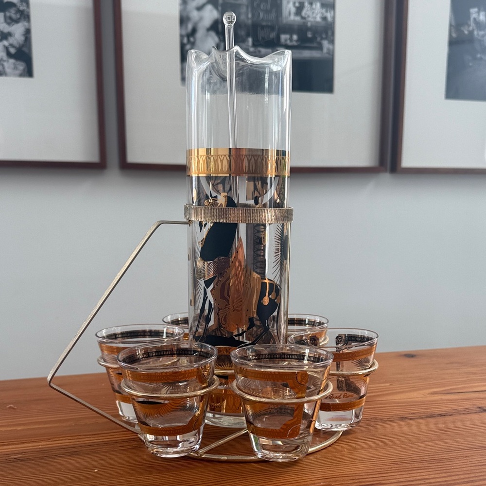 Vintage 1960’s Fred Press 22 karat Gold and Black Cocktail Set 9 Piece MCM
